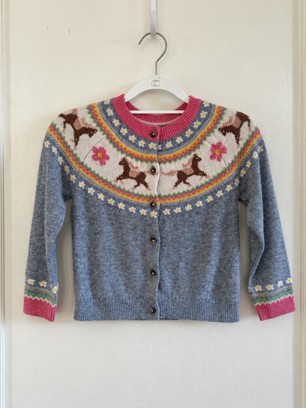 Mini Boden Girls Horse Floral Fair Isle Cardigan Size 5–6Y